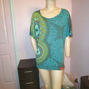 Desiqual STRETCH Jersey Size M BLOUSE Tunic Top METALLIC Floral DOLMAN Scoop